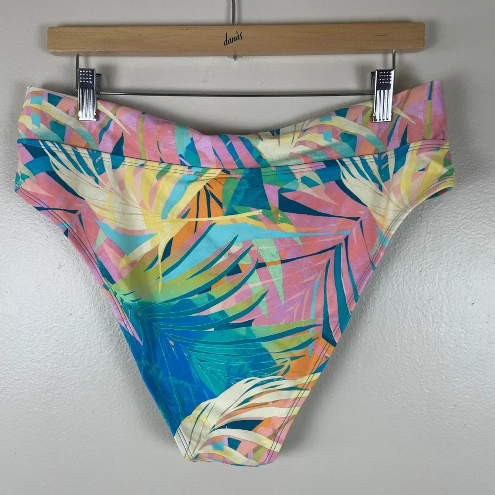 Cupshe Women's XL Swim Bottoms Multicolor Tropical Palm High‎ Waist 80s